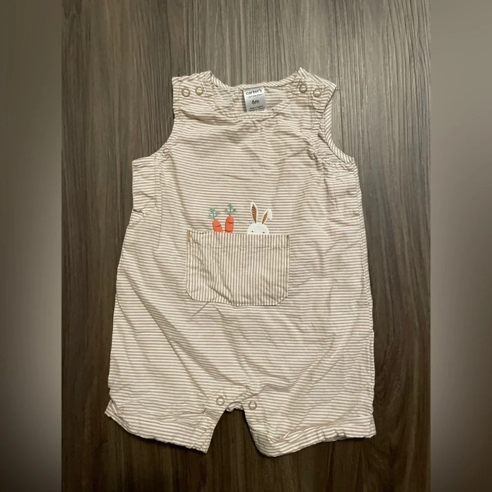 Carters Striped Beige Kids Romper with bunny design size 3M